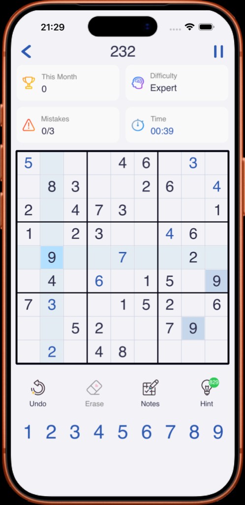 Captura de Sudoku en iPhone: partida en nivel Experto con cuadrícula, temporizador y controles